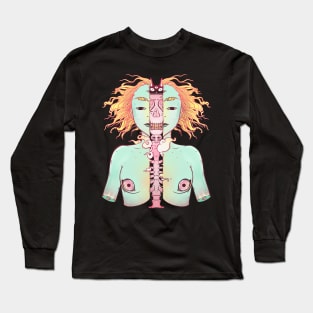 Split Skeleton Girl With Cat Head Long Sleeve T-Shirt